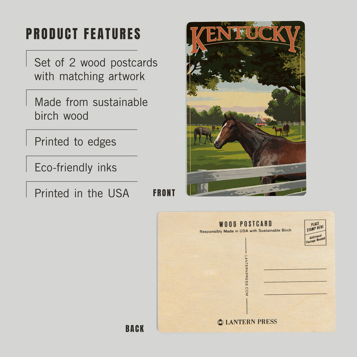 Kentucky, Thoroughbred Horses Farm Scene, Wood Sign and Postcards