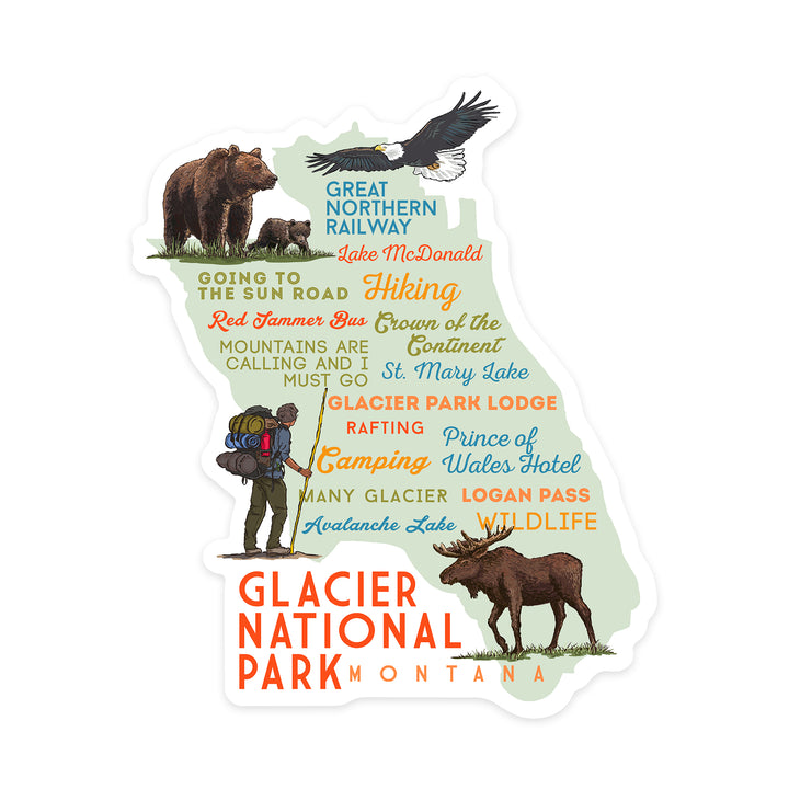 Glacier National Park, Montana, Typography and Icons, Contour, Vinyl Sticker