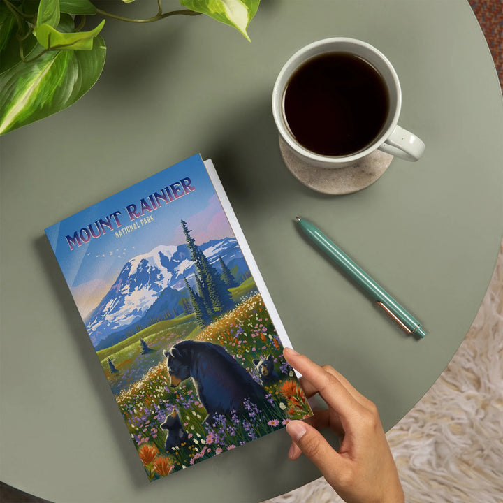 Lined 6x9 Journal, Mount Rainier National Park, Washington, Painterly, Bear Family in Field, Lay Flat, 193 Pages, FSC paper