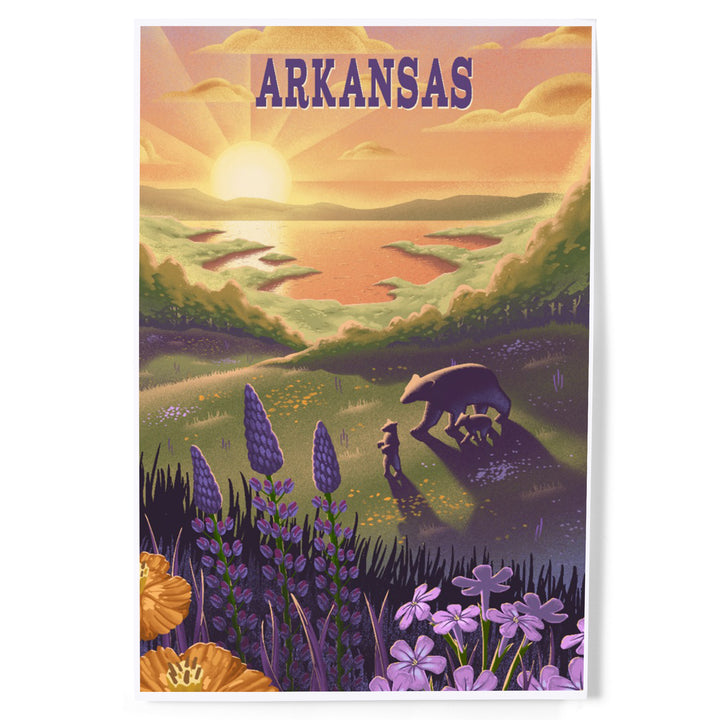 Arkansas, Lithograph, Bear and Spring Flowers, Lake, Art & Giclee Prints