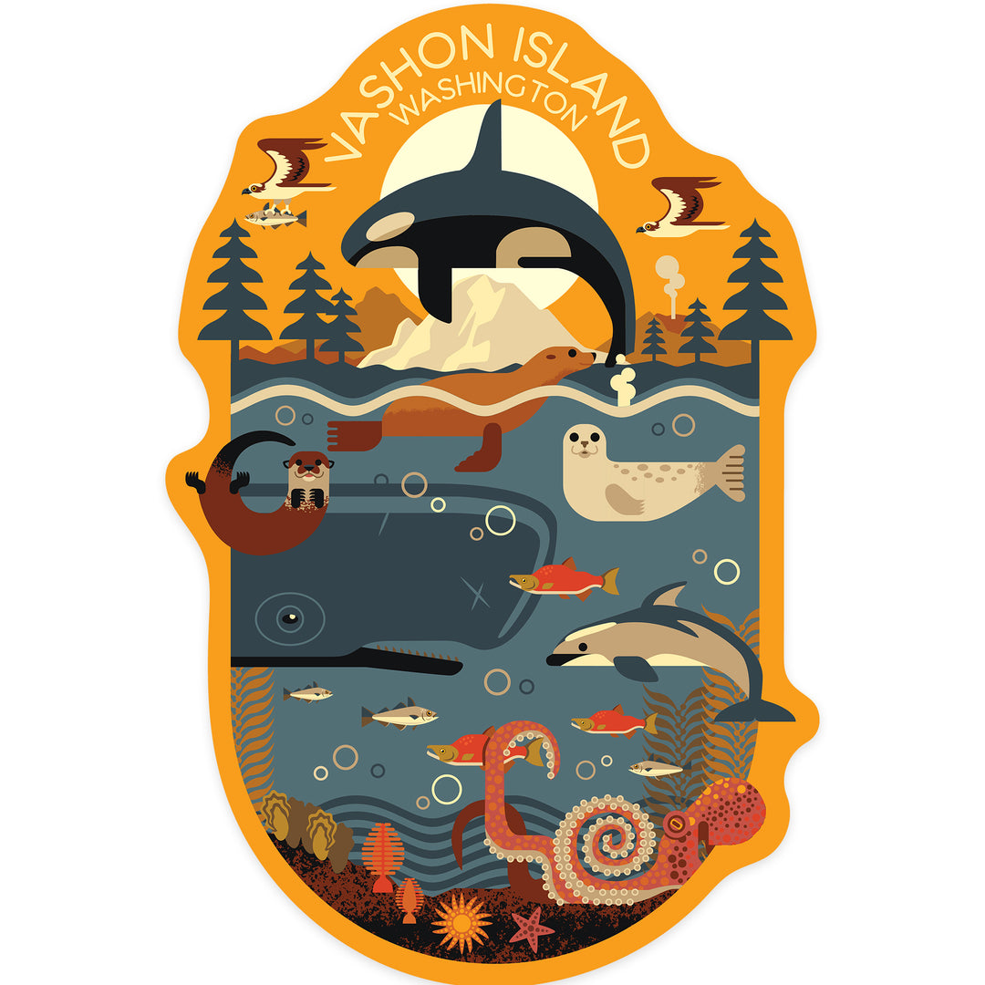 Vashon Island, Washington, Marine Animals, Geometric, Contour, Lantern Press Artwork, Vinyl Sticker