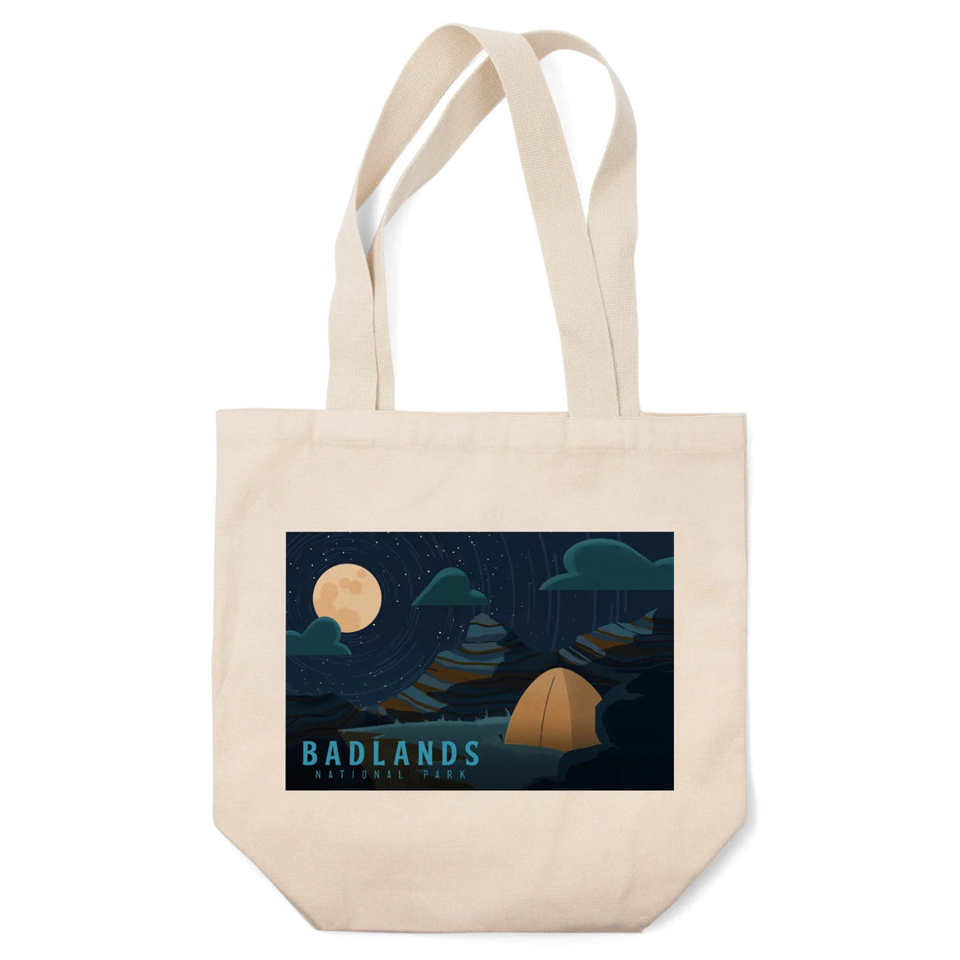 Badlands National Park, South Dakota, Sleep Under The Stars, Tent and Moon, Tote Bag