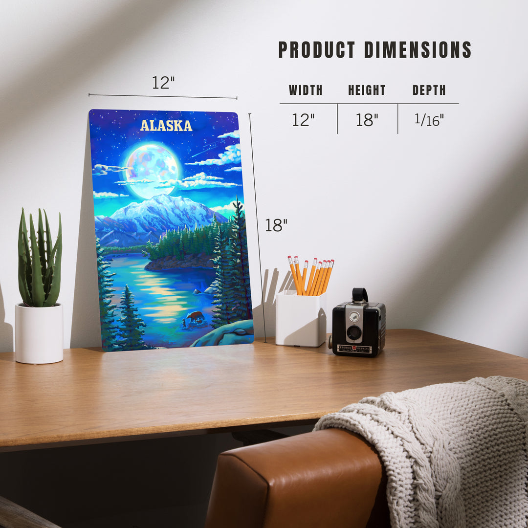 Alaska, Oil Painting, Lake and Super Moon, 12x18 Metal Sign
