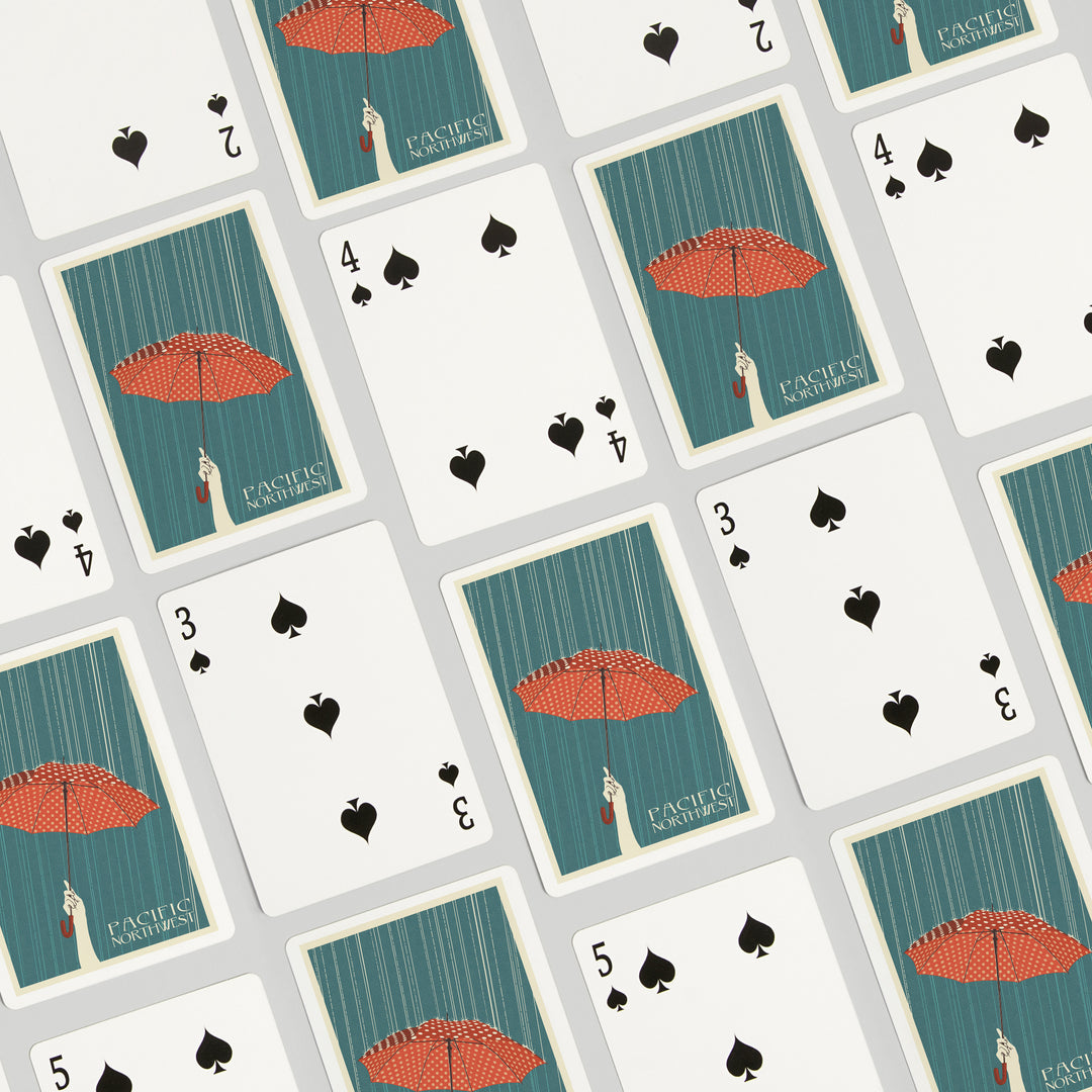Playing Cards, Pacific Northwest, Umbrella Letterpress, 52 Card Deck with Jokers in Box, Unique Art