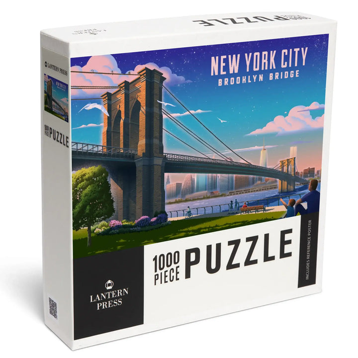 New York City, New York, Lithograph, Brooklyn Bridge at Dusk, Jigsaw Puzzle