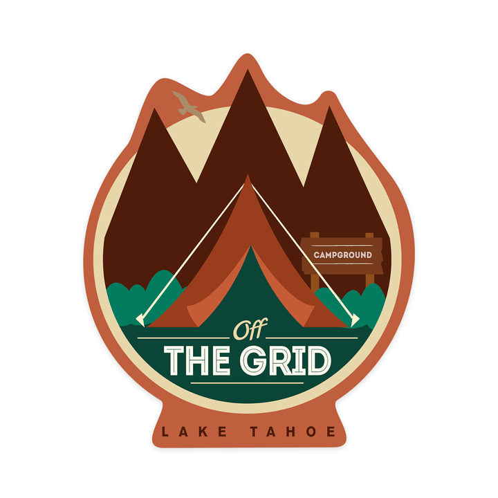 Lake Tahoe, California, Off the Grid, Tent, Contour, Rust Background, Vinyl Sticker