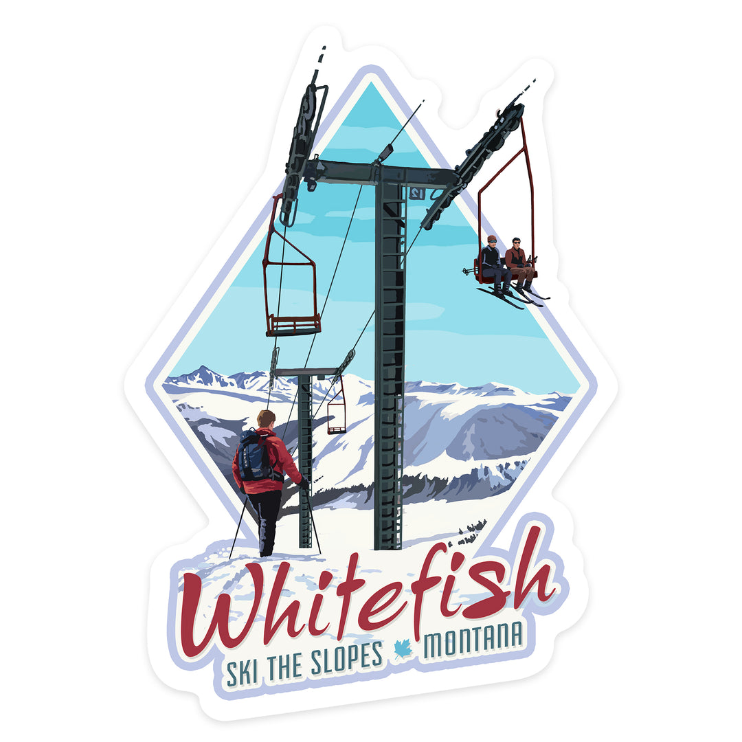 Whitefish, Montana, Ski Lift Day Scene, Contour, Vinyl Sticker