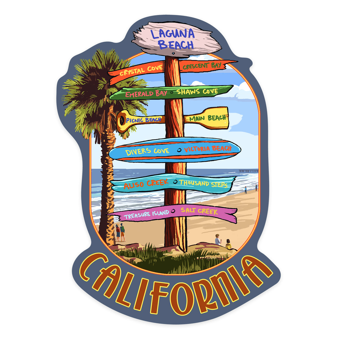 Laguna Beach, California, Destination Signpost, Contour, Lantern Press Artwork, Vinyl Sticker
