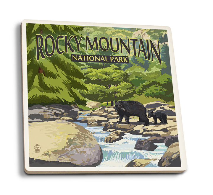 Rocky Mountain National Park, Colorado, Black Bears and Stream, Coaster Set