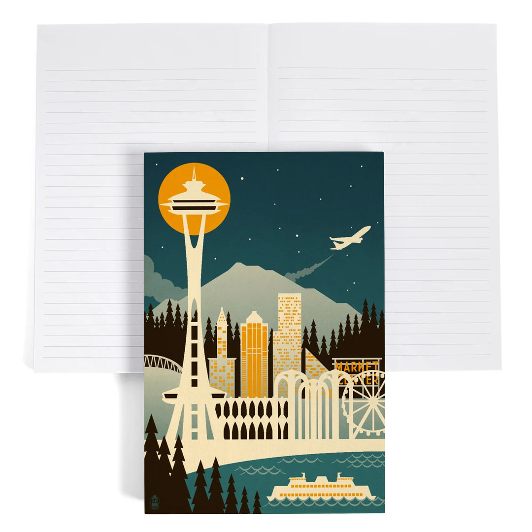 Lined 6x9 Journal, Seattle, Washington, Retro Skyline (no text), Lay Flat, 193 Pages, FSC paper