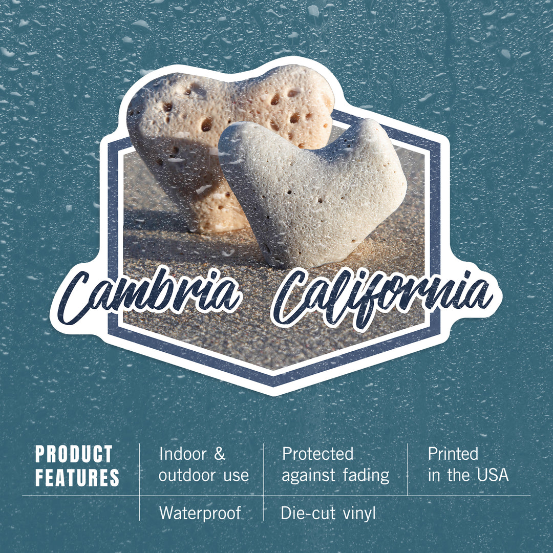 Cambria, California, Heart Stones in Sand, Contour, Vinyl Sticker