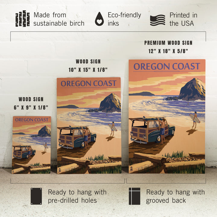 Oregon Coast, Woody with Haystack Rock, Lantern Press Artwork, Wood Signs and Postcards