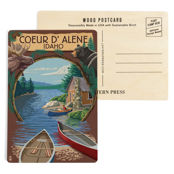 Coeur d'Alene, Idaho, Cabin on the Lake, Montage, Wood Sign and Postcards
