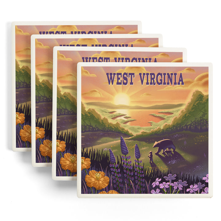 West Virginia, Lithograph, Bear and Spring Flowers, Lake, Coasters