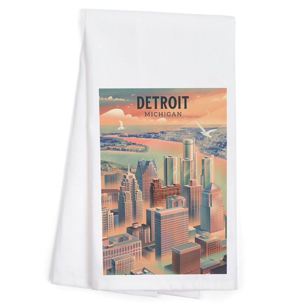 Detroit, Michigan, Lithograph City Series, Organic Cotton Kitchen Tea Towels