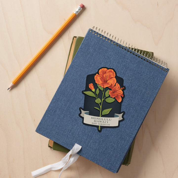 Honolulu, Hawaii, Vintage Flora Noir, Red Hibiscus, Vinyl Sticker