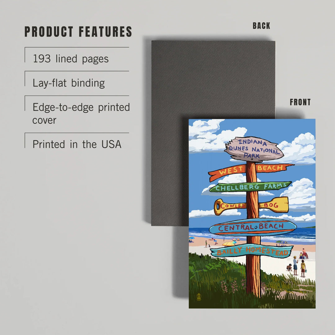 Lined 6x9 Journal, Indiana Dunes National Park, Indiana, Beach Destination Signpost, Lay Flat, 193 Pages, FSC paper