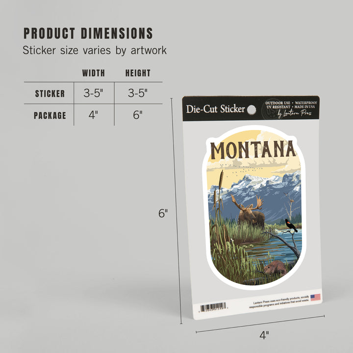 Montana, Moose & Marsh Scene, Contour, Lantern Press Artwork, Vinyl Sticker