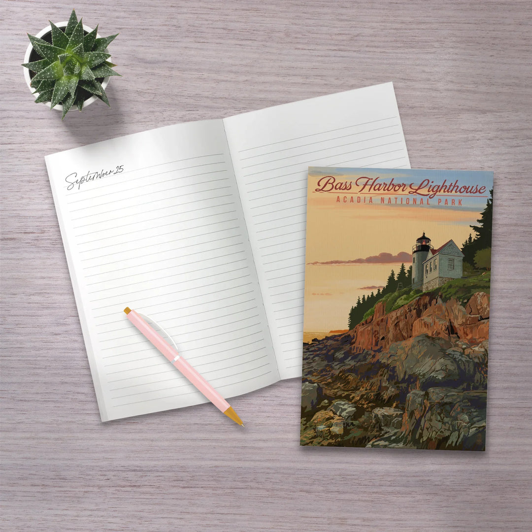 Lined 6x9 Journal, Acadia National Park, Maine, Bass Harbor Lighthouse Illustration, Lay Flat, 193 Pages, FSC paper