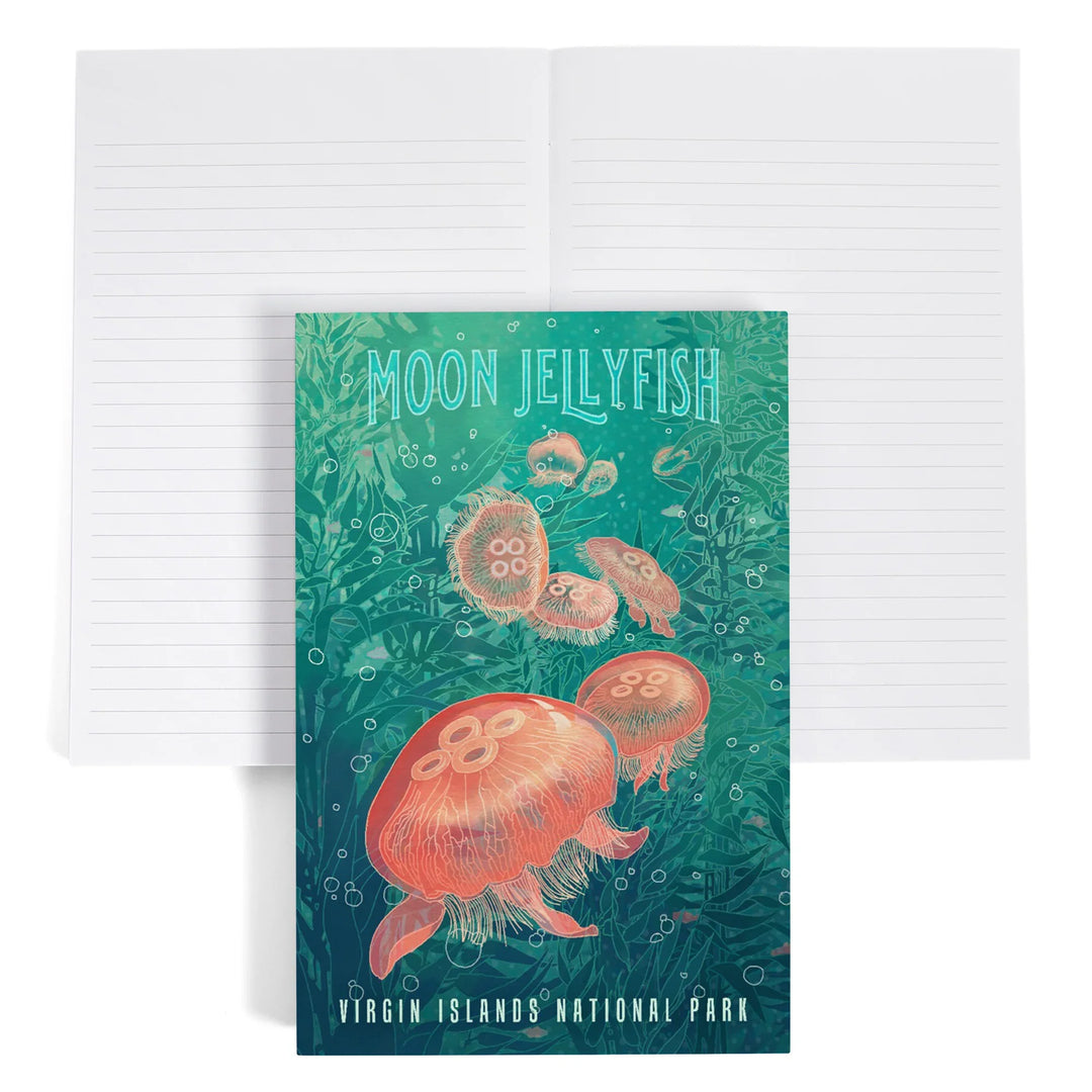 Lined 6x9 Journal, Virgin Islands National Park, Fluid Linework, Moon Jellyfish, Lay Flat, 193 Pages, FSC paper