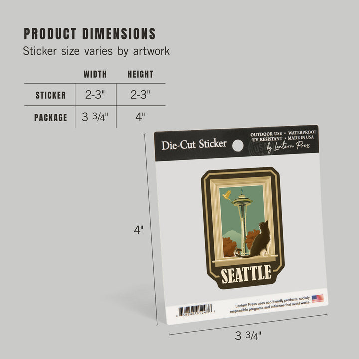 Seattle, Washington, Space Needle and Cat Window, Contour, Vinyl Sticker