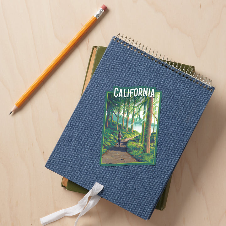 California, Walk In The Woods, Day Hike, Contour, Vinyl Sticker - Lantern Press