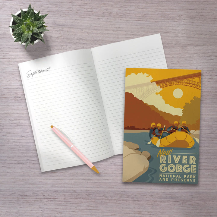 Lined 6x9 Journal, New River Gorge National Park and Preserve, West Virginia, Rafters and Bridge, Vector, Lay Flat, 193 Pages, FSC paper