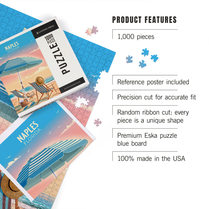 Naples, Florida, Lithograph, Beach Umbrella and Chair, 1000 Piece Jigsaw Puzzle