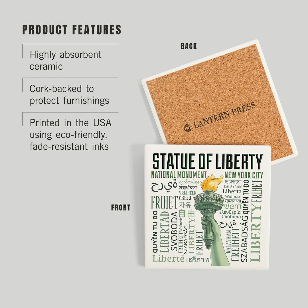 New York City, New York, Statue of Liberty, Torch, Freedom Typography, Coasters