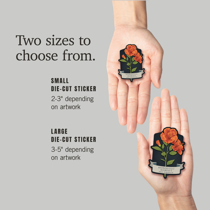 Honolulu, Hawaii, Vintage Flora Noir, Red Hibiscus, Vinyl Sticker