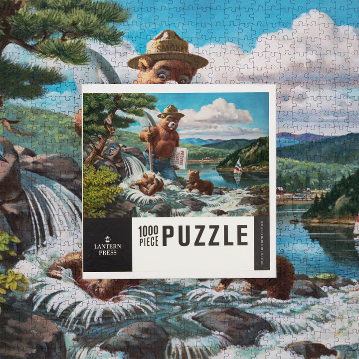 Smokey Bear, Playing in Falls with Cubs, Vintage Poster, Jigsaw Puzzle