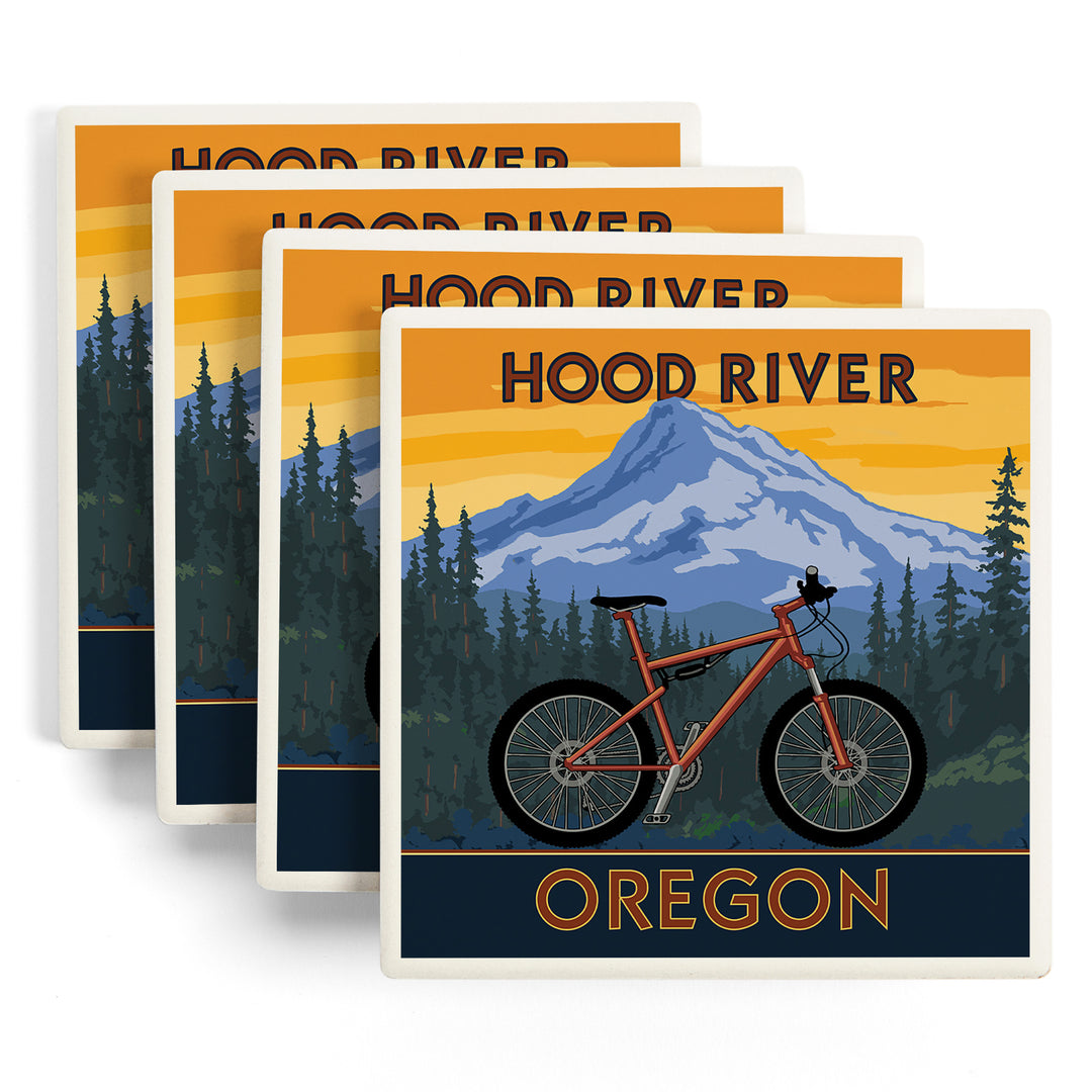 Hood River, Oregon, Mountain Bike Scene, Coaster Set - Lantern Press