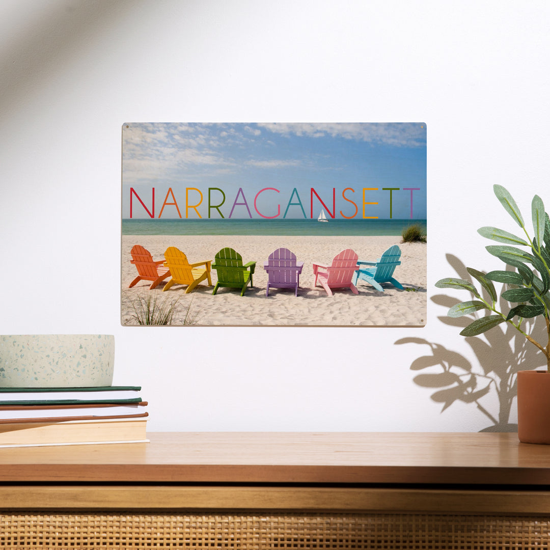 Narragansett, Rhode Island, Colorful Beach Chairs, Wood Sign and Postcards