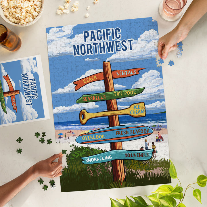 Pacific Northwest, Signpost, Coast Beach with Umbrellas, 1000 Piece Jigsaw Puzzle