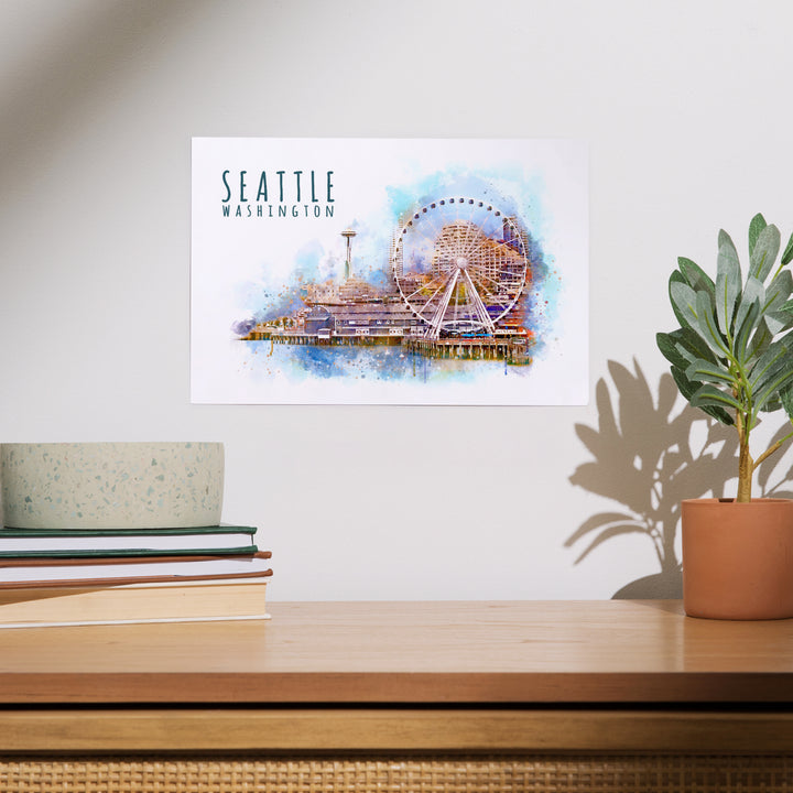 Seattle Skyline, Ferris Wheel, Watercolor, Art & Giclee Prints