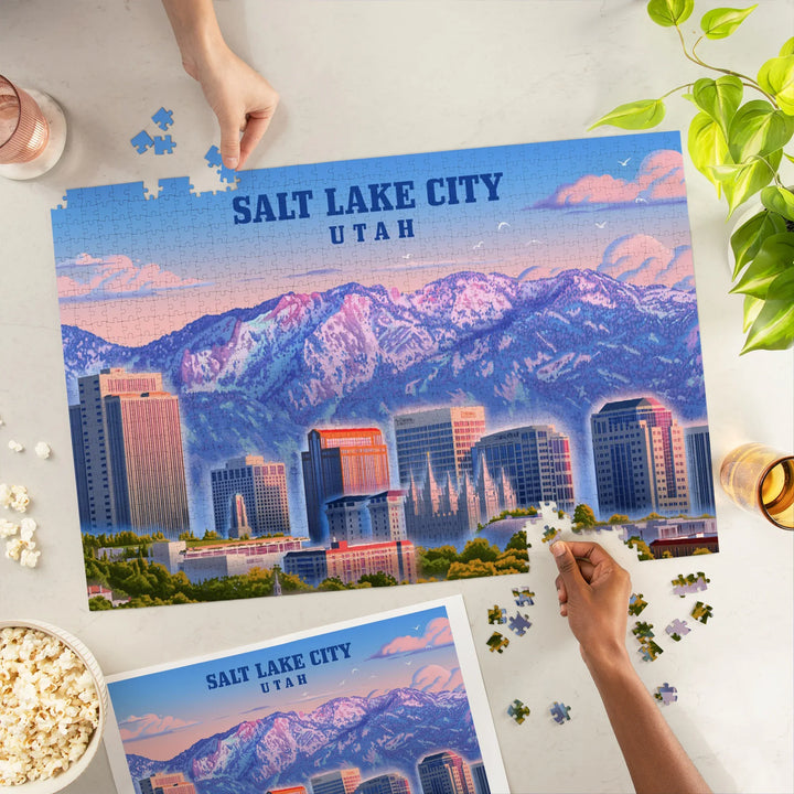 Salt Lake City, Utah, Lithograph, Skyline, 1000 Piece Jigsaw Puzzle