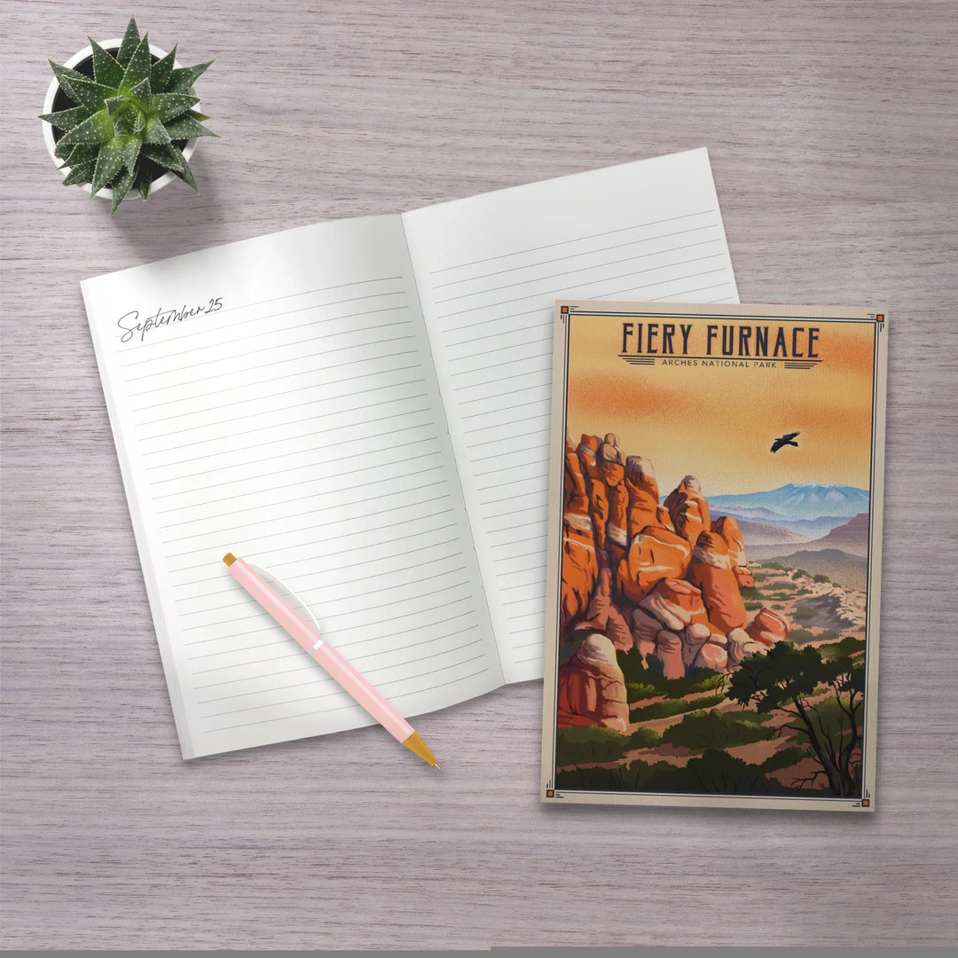 Lined 6x9 Journal, Fiery Furnace, Arches National Park, Lithograph National Park Series, Lay Flat, 193 Pages, FSC paper