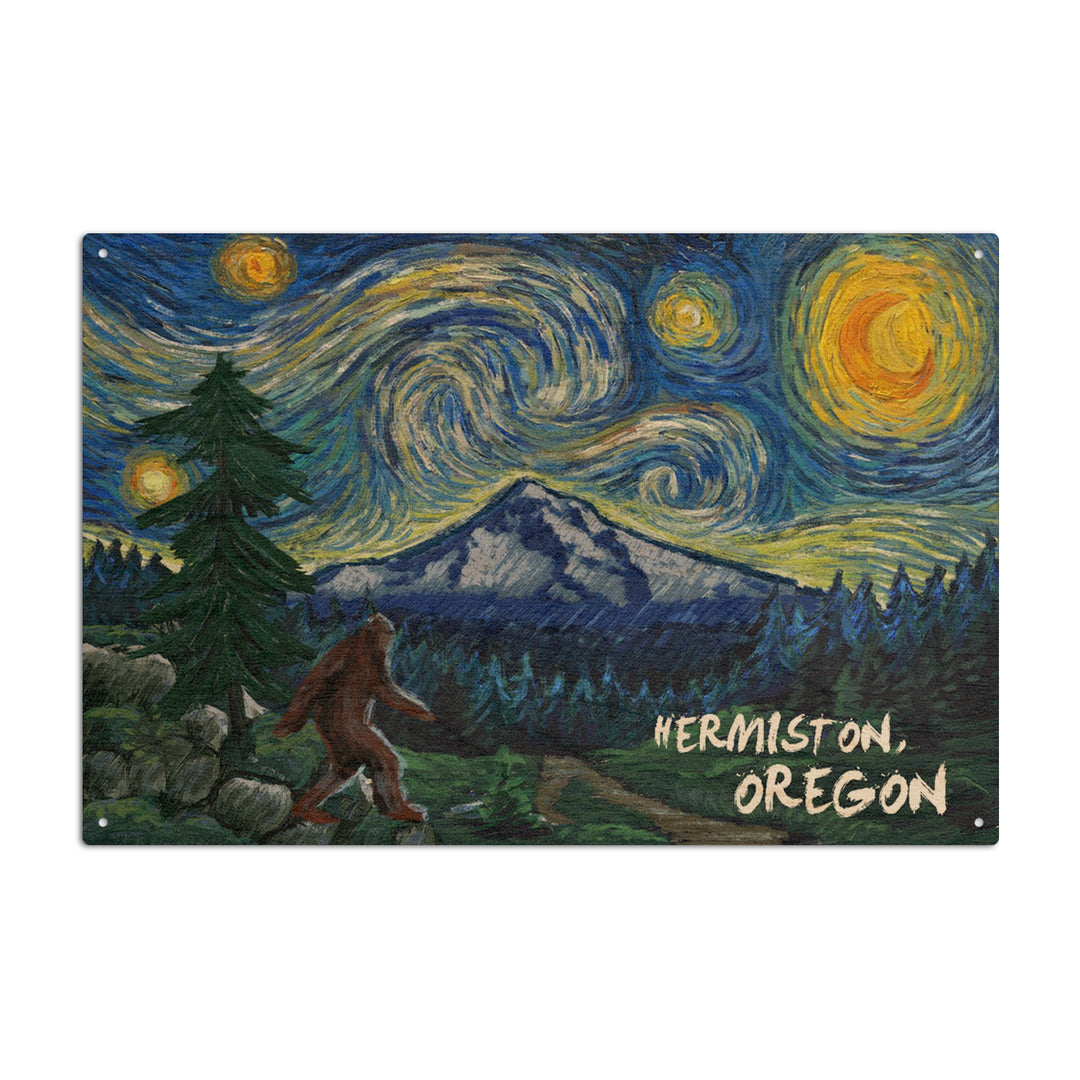 Hermiston, Oregon, Bigfoot, Starry Night, Lantern Press Artwork, Wood Signs and Postcards