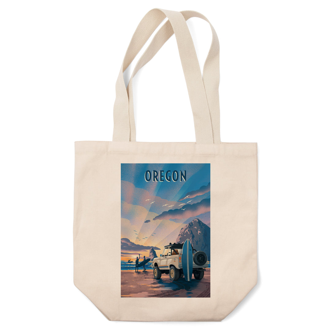 Oregon, Lithograph, Surfers on Beach, Tote Bag