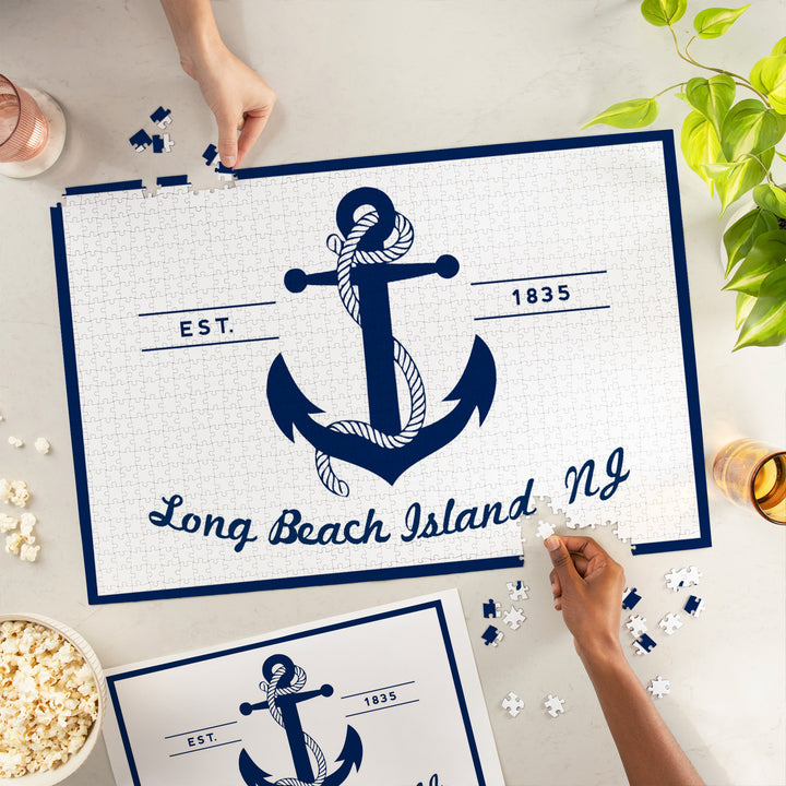 Long Beach Island, New Jersey, Blue and White Anchor, 1000 Piece Jigsaw Puzzle