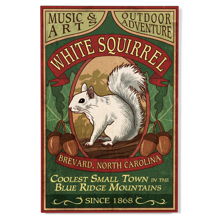 Brevard, North Carolina, White Squirrel Vintage Sign, Lantern Press Artwork, Wood Signs and Postcards