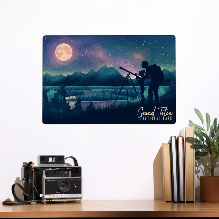 Grand Teton National Park, Wyoming, Night Sky Viewing, Textured Watercolor, Metal Signs