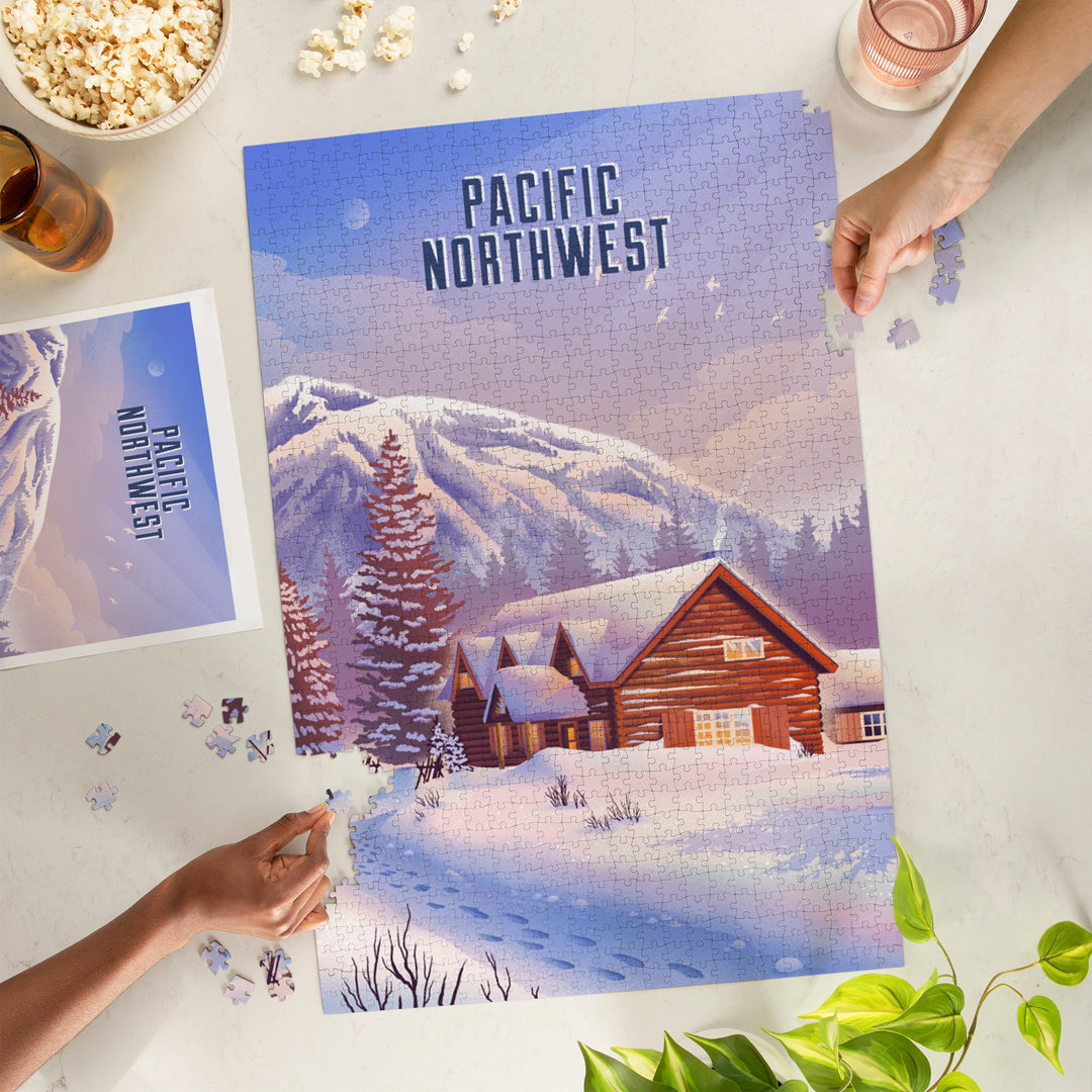 Pacific Northwest, Lithograph, Mountain Lodge, Winter Scene, 1000 Piece Jigsaw Puzzle