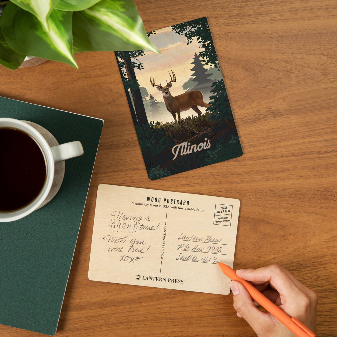 Illinois, Painterly, Deer and Sunrise, Wood Sign and Postcards