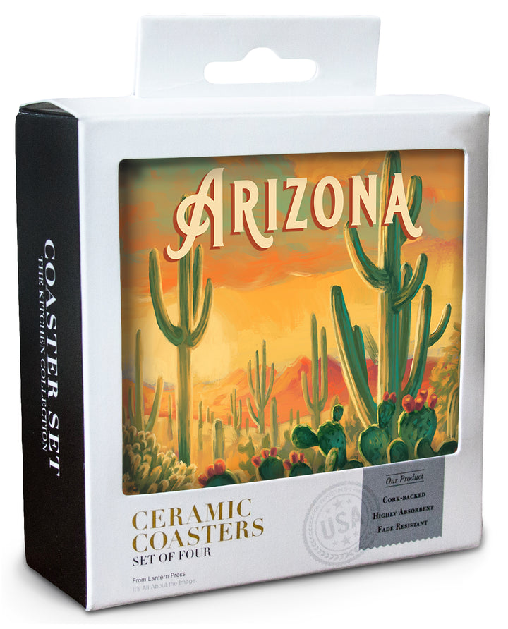 Arizona, Desert Cactus, Oil Painting, Coaster Set