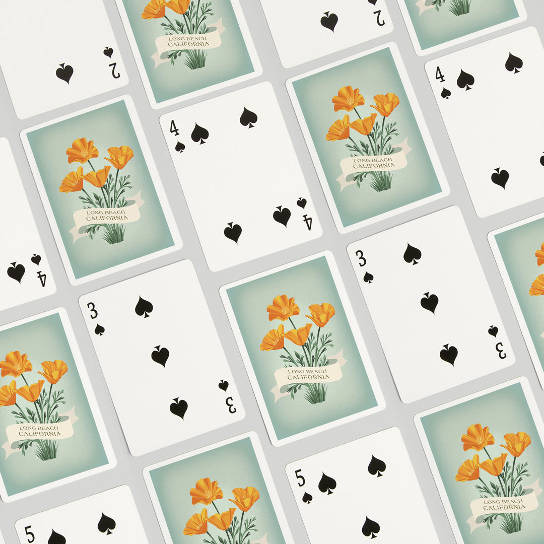 Playing Cards, Long Beach, California, Vintage Flora, California Poppy, 52 Card Deck with Jokers in Box, Unique Art