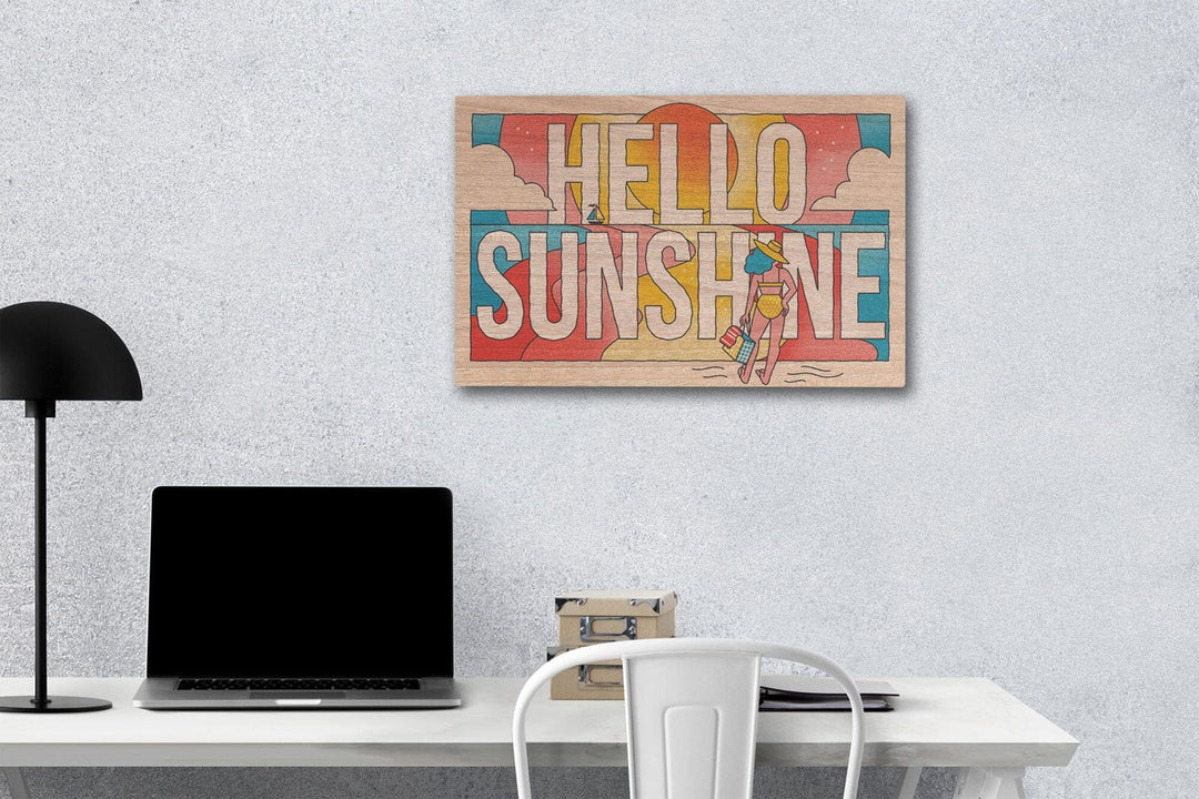 70s Sunshine Collection, Hello Sunshine, Girl on Beach, Wood Signs and Postcards Wood Lantern Press 12 x 18 Wood Gallery Print 