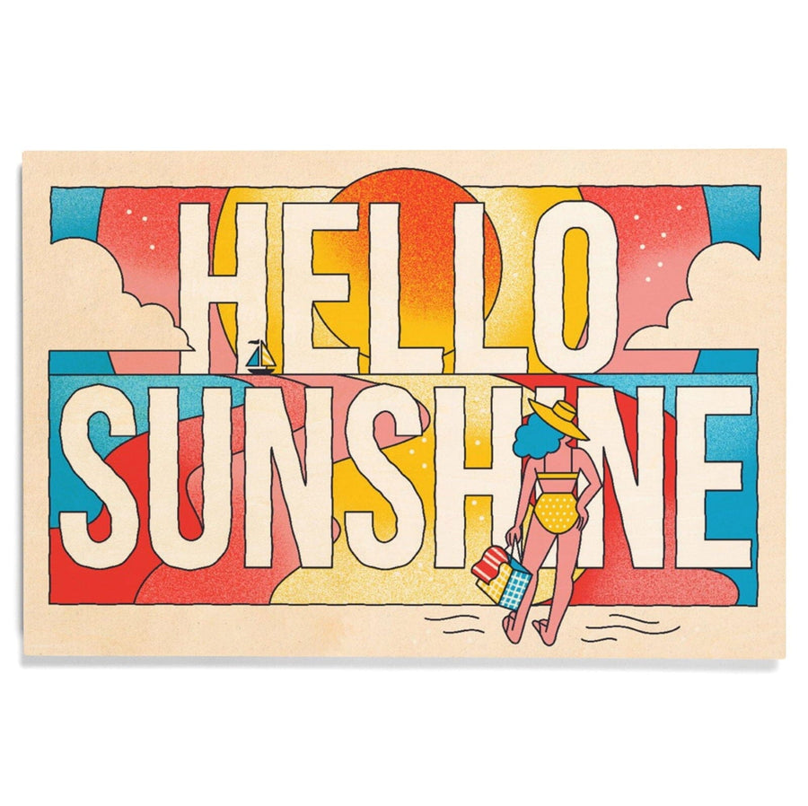 70s Sunshine Collection, Hello Sunshine, Girl on Beach, Wood Signs and Postcards Wood Lantern Press 