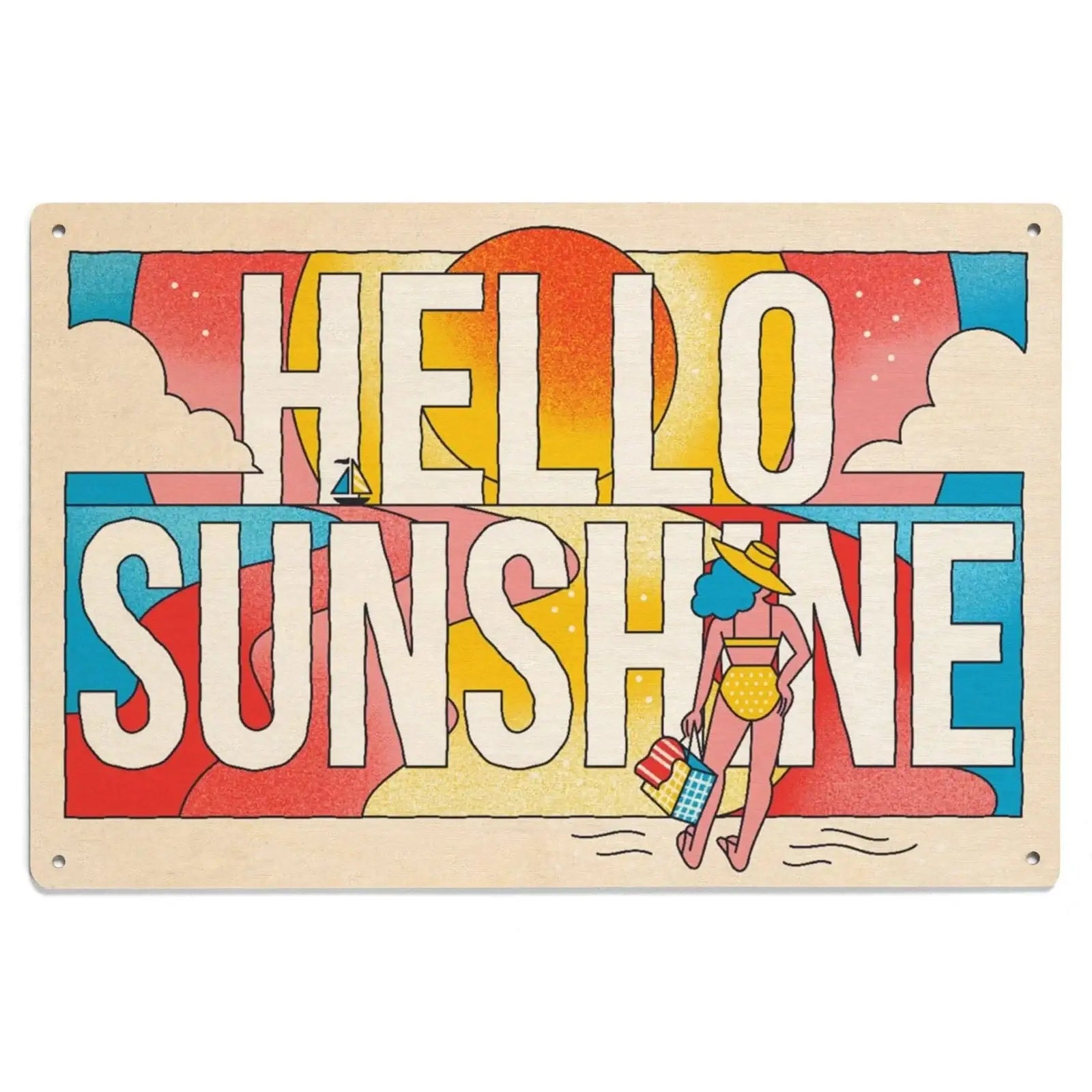 70s Sunshine Collection, Hello Sunshine, Girl on Beach, Wood Signs