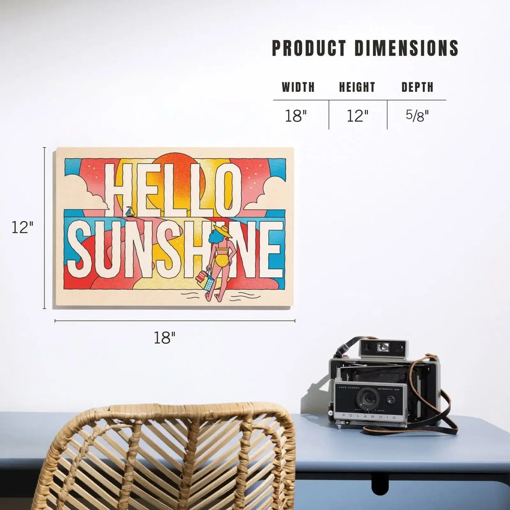 70s Sunshine Collection, Hello Sunshine, Girl on Beach, Wood Signs and Postcards - Lantern Press